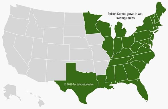Eastern United States Map where Poison Sumac grows.