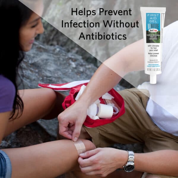 First Aid Gel helps prevent infection without anibiotics.